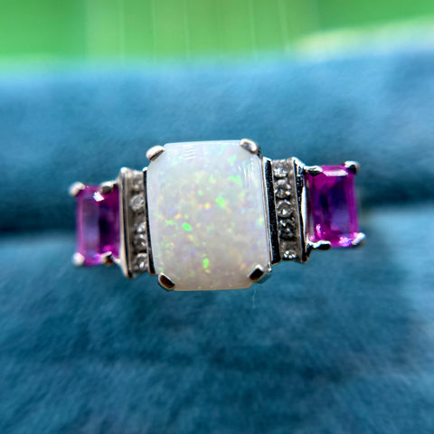 10kt White Gold Opal, Pink Sapphire + Diamond Ring