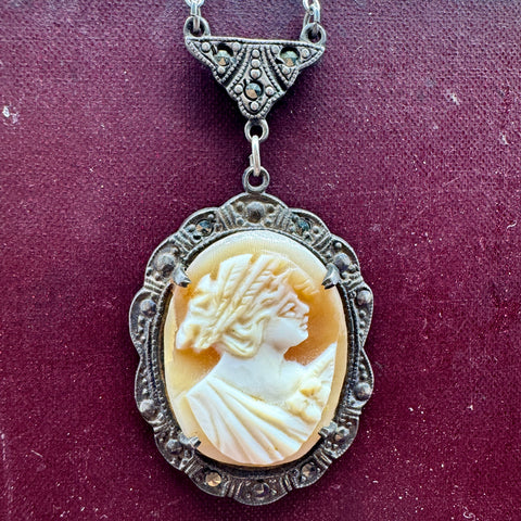 Antique Sterling Silver Marcasite Cameo Pendant on Not Original Paperclip Chain