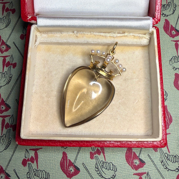 Rare Antique 10kt Gold Citrine Pearl Royal Heart Pendant