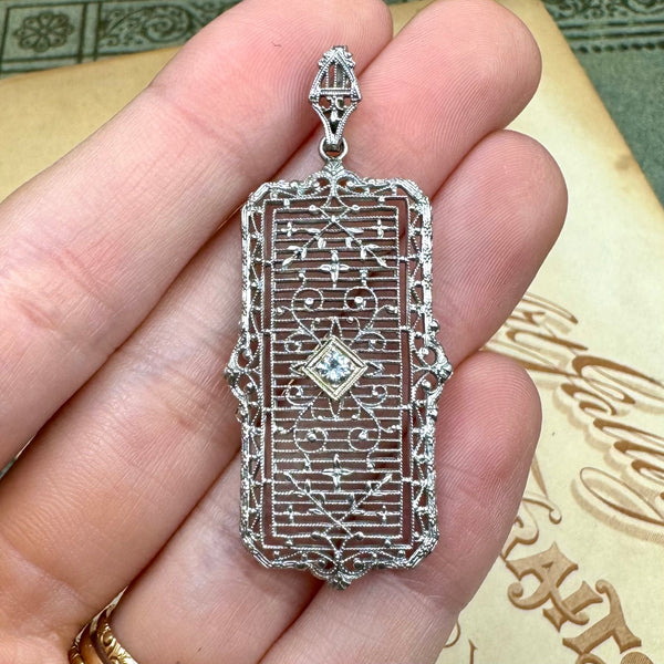 Antique 14kt WG Diamond Filigree Pendant