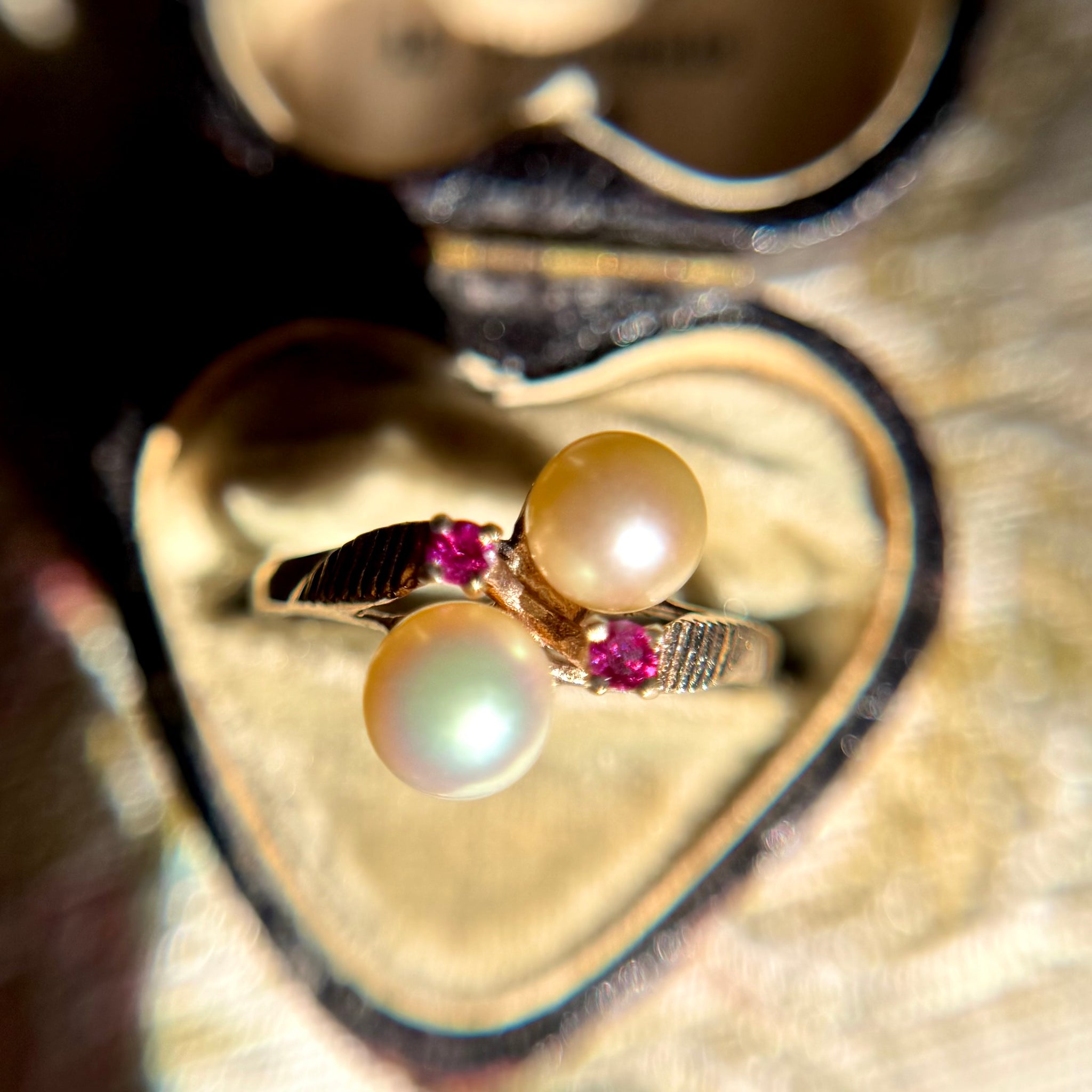 Vintage 10kt Gold Pearl Bypass Ring with Ruby Accents
