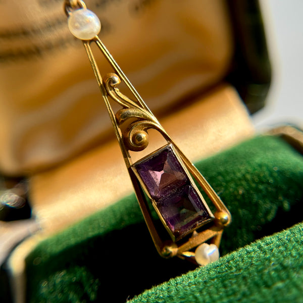 Art Nouveau 14kt Gold Amethyst + Pearl Lavalier Necklace