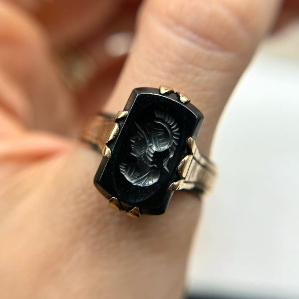 Antique 8kt Gold Carved Hematite Soldier Ring