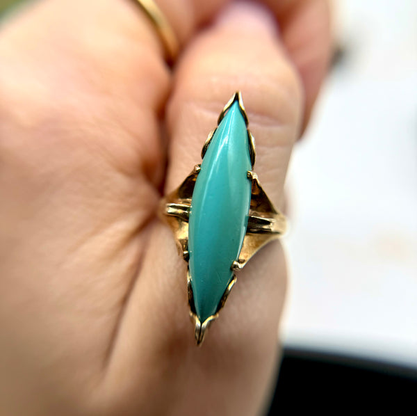 RARE Vintage 10kt Gold Turquoise Navette Statement Ring