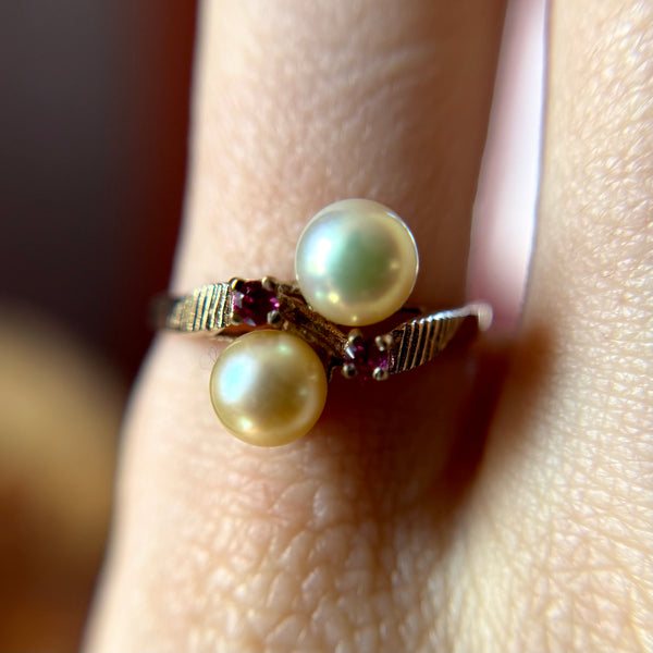 Vintage 10kt Gold Pearl Bypass Ring with Ruby Accents