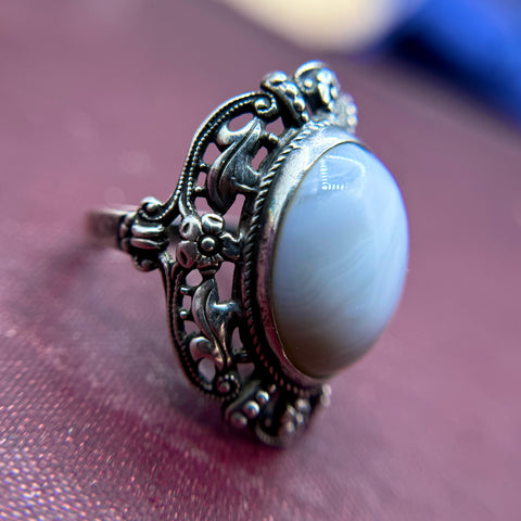 Vintage Possibly Antique Ornate Sterling Silver Blue Lace Agate Statement Ring