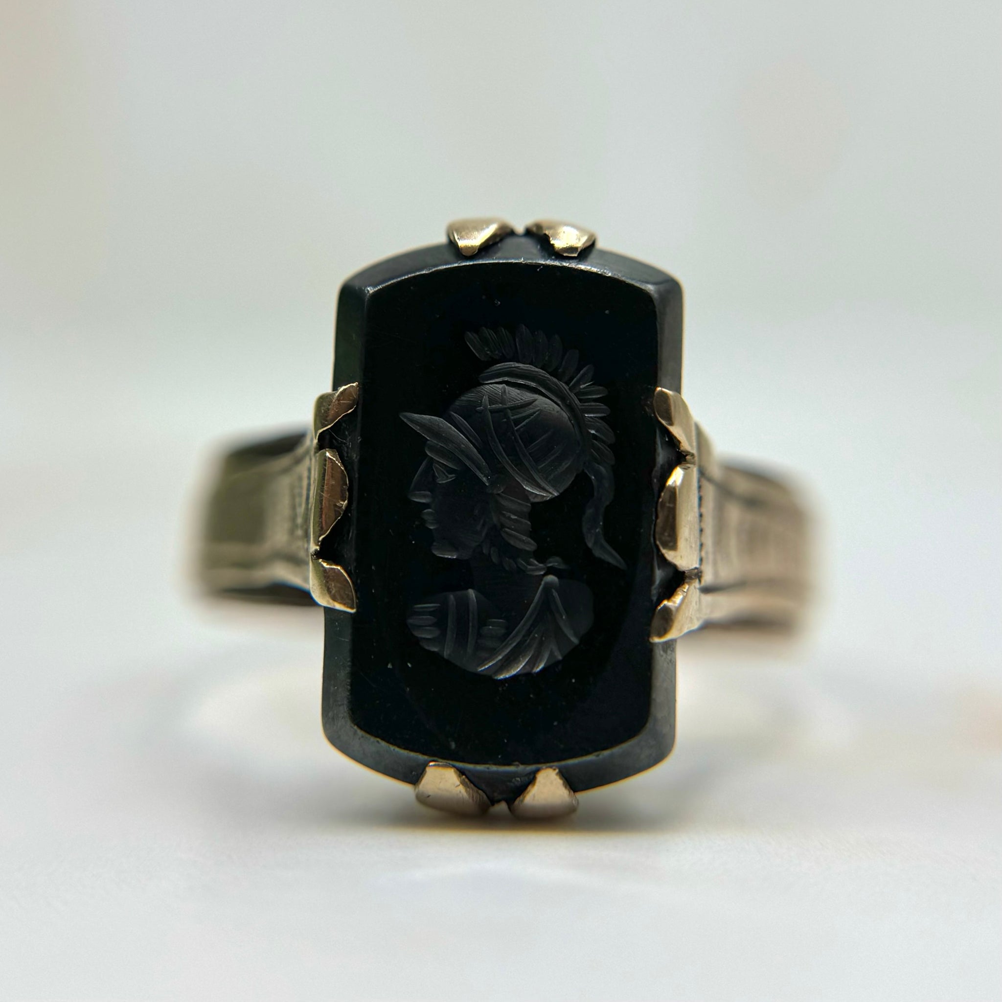 Antique 8kt Gold Carved Hematite Soldier Ring