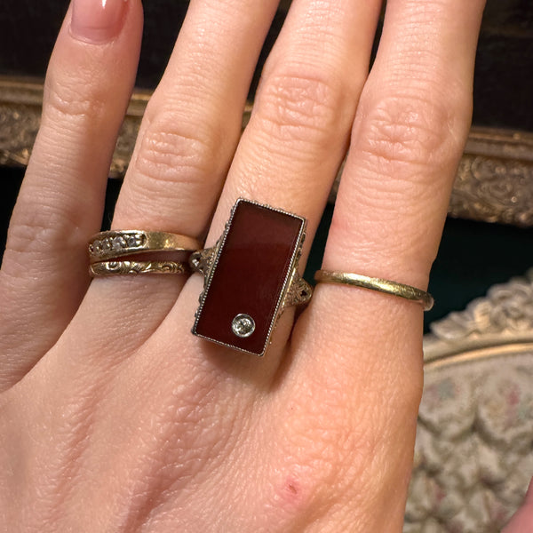 Vintage 18kt White Gold Carnelian + Diamond Ring
