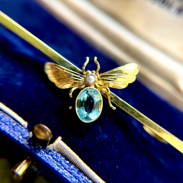 9ct Gold Insect Brooch w/ Seed Pearl + Aqua Paste Gem