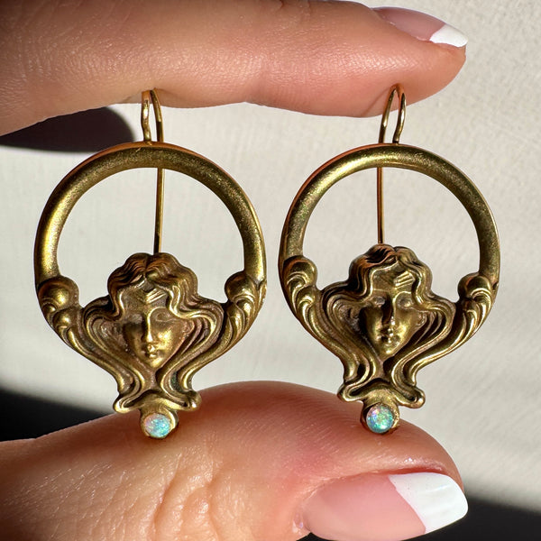 14kt Gold Art Nouveau Opal Goddess Earrings