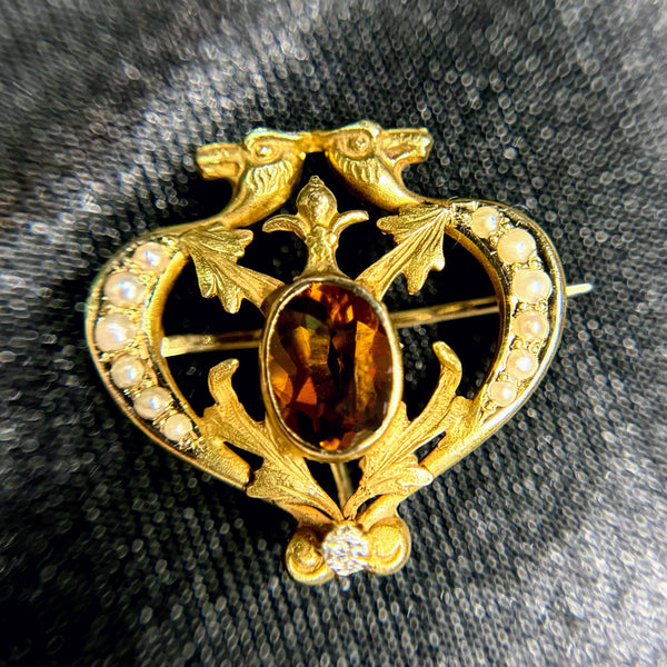 RARE Whimsical Art Nouveau 10kt Gold Double Gryphon Seed Pearl, Topaz and Diamond Brooch