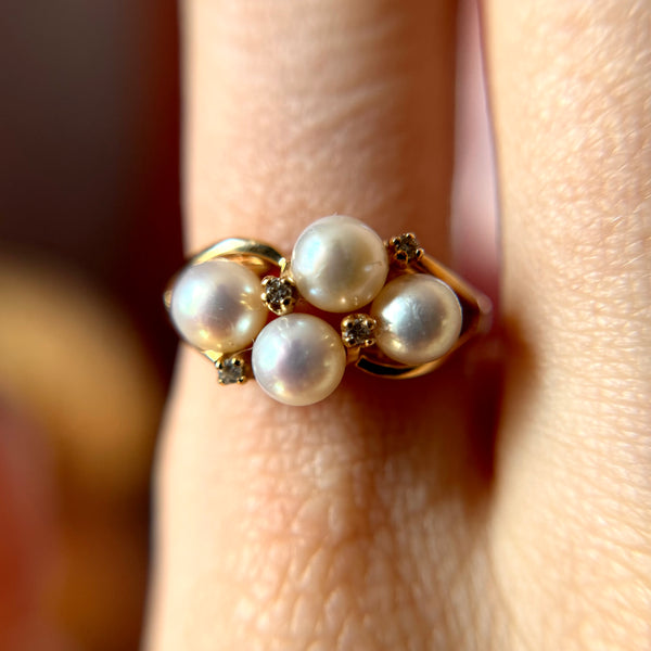 Vintage 10kt Gold Pearl + Diamond Ring