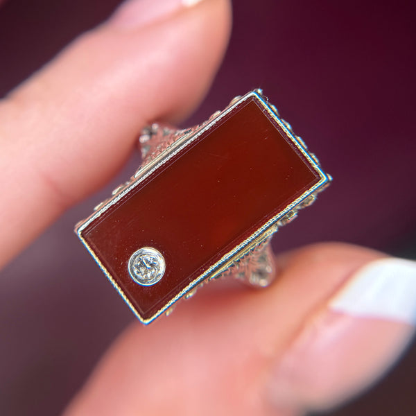 Vintage 18kt White Gold Carnelian + Diamond Ring