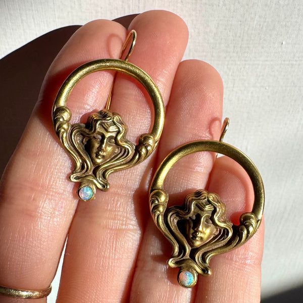 14kt Gold Art Nouveau Opal Goddess Earrings