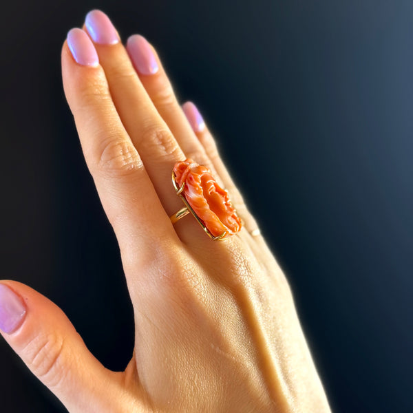 RARE Collectible 14kt Gold Carved Coral Goddess Ring