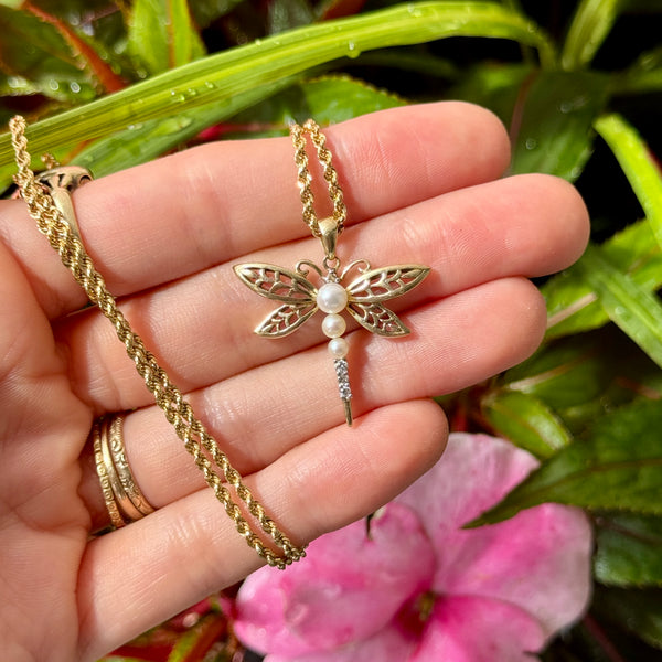 10kt Gold Pearl + Diamond Dragonfly Pendant