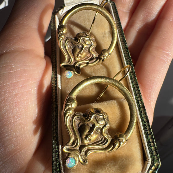 14kt Gold Art Nouveau Opal Goddess Earrings