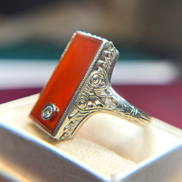 Vintage 18kt White Gold Carnelian + Diamond Ring