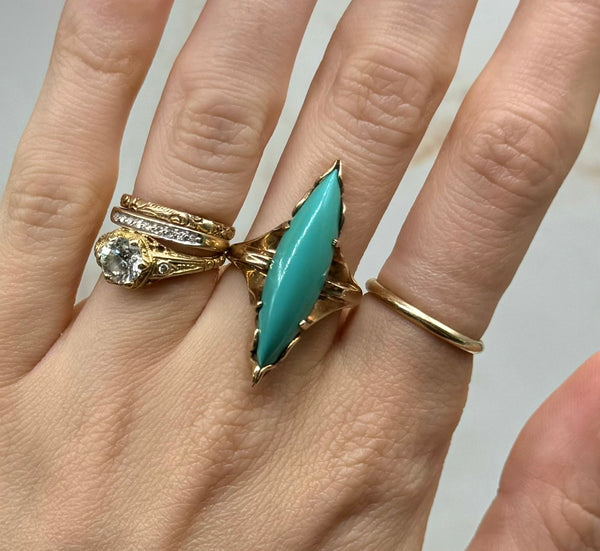 RARE Vintage 10kt Gold Turquoise Navette Statement Ring