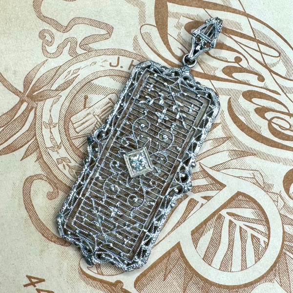 Antique 14kt WG Diamond Filigree Pendant