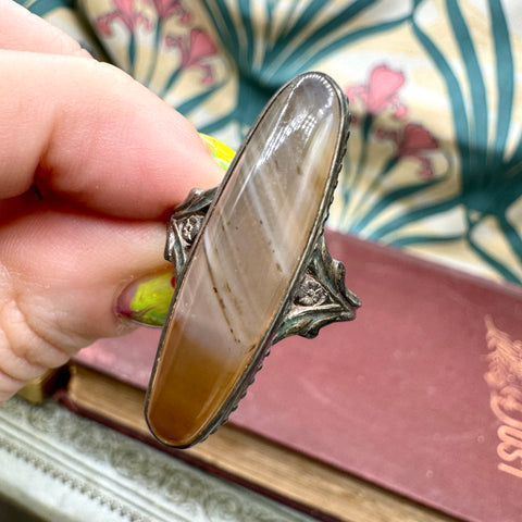 Antique Sterling Silver Elongated Agate Ring with Floral Shoulders