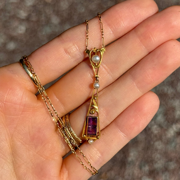 Art Nouveau 14kt Gold Amethyst + Pearl Lavalier Necklace