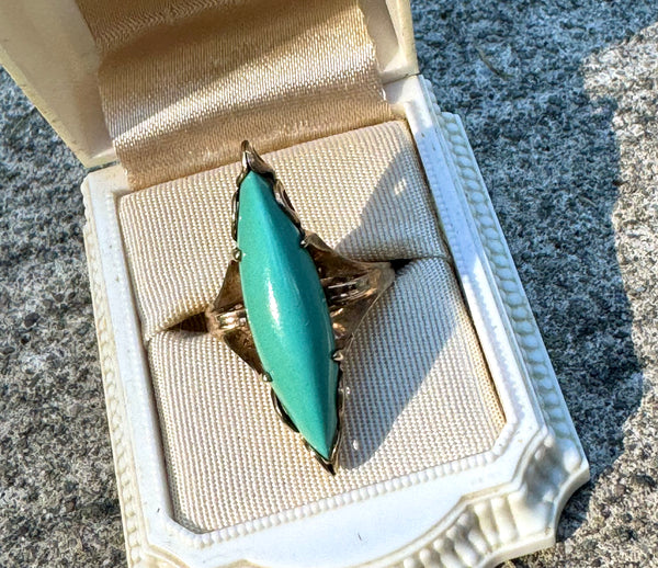 RARE Vintage 10kt Gold Turquoise Navette Statement Ring