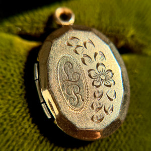 Antique Floral Etched Locket Engraved ‘LR’