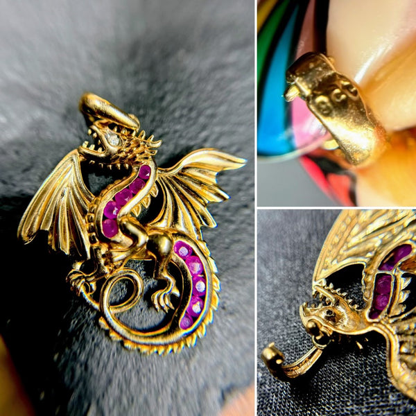 Magical 9ct Gold Ruby + Diamond Dragon Statement Pendant