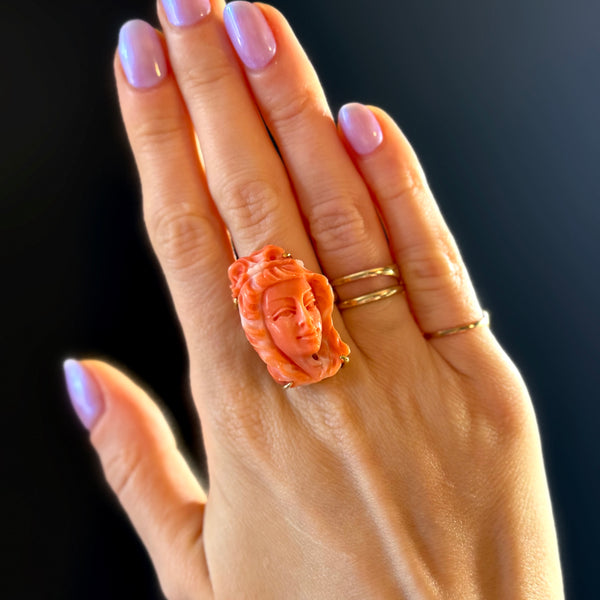 RARE Collectible 14kt Gold Carved Coral Goddess Ring