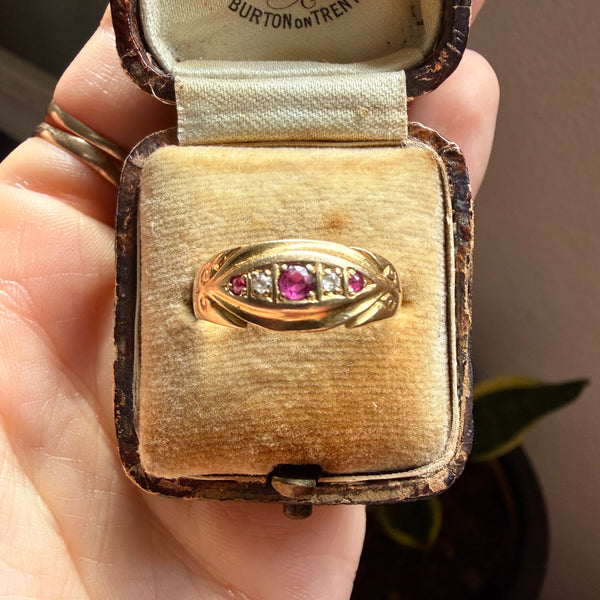 Antique 18kt Ruby Diamond Boat Ring