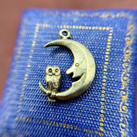 RARE Vintage Sterling Silver Moon + Owl Pendant