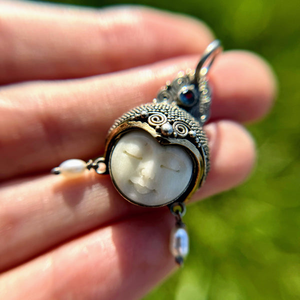 Sterling Silver Hand Carved Moon Goddess Pendant w/ 14kt Gold Accent