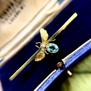 9ct Gold Insect Brooch w/ Seed Pearl + Aqua Paste Gem