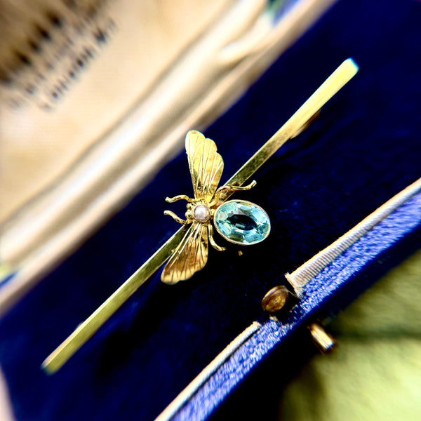 9ct Gold Insect Brooch w/ Seed Pearl + Aqua Paste Gem