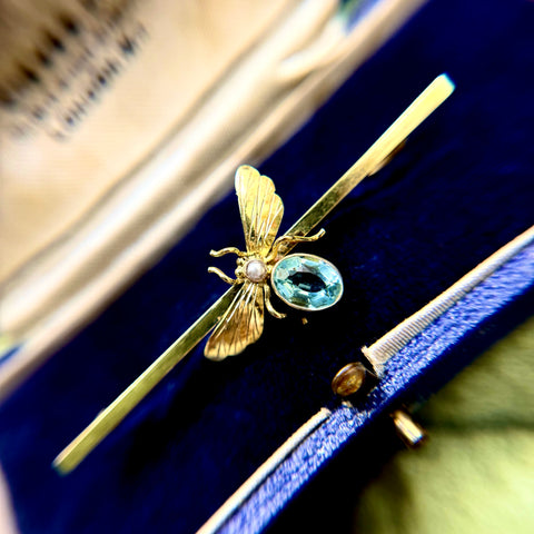 9ct Gold Insect Brooch w/ Seed Pearl + Aqua Paste Gem