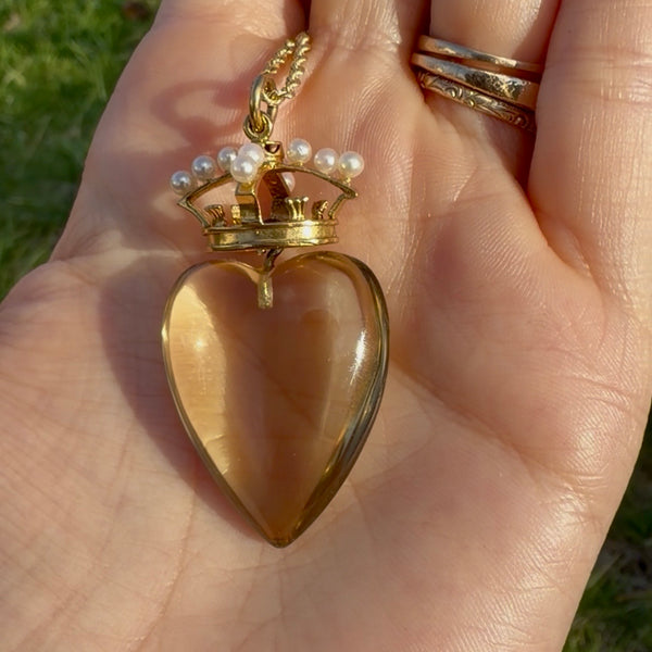 Rare Antique 10kt Gold Citrine Pearl Royal Heart Pendant