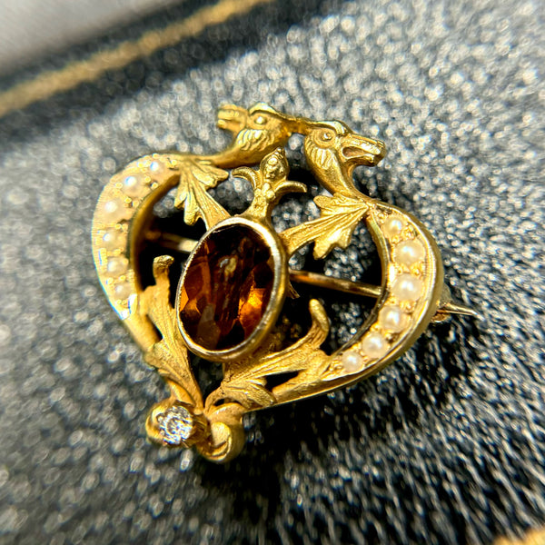 RARE Whimsical Art Nouveau 10kt Gold Double Gryphon Seed Pearl, Topaz and Diamond Brooch