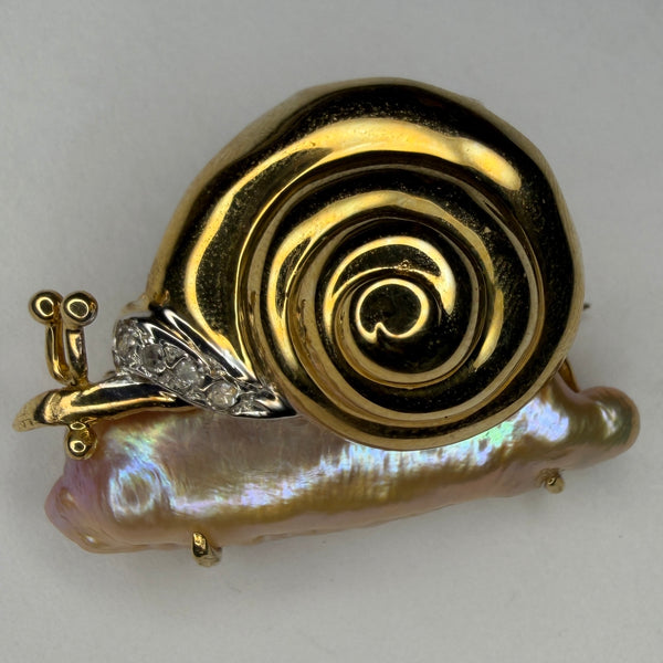 RARE 14kt Gold Pearl + Diamond Snail Brooch/Pendant