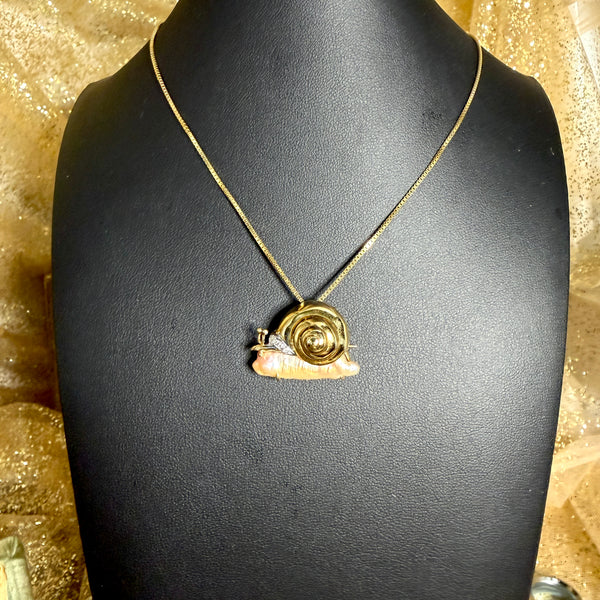 RARE 14kt Gold Pearl + Diamond Snail Brooch/Pendant