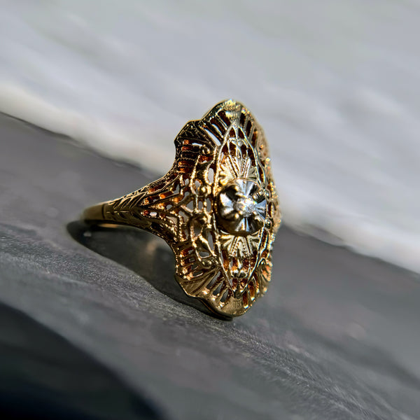 Vintage 10kt Gold Filigree Shield Ring w/ Diamond Center #2