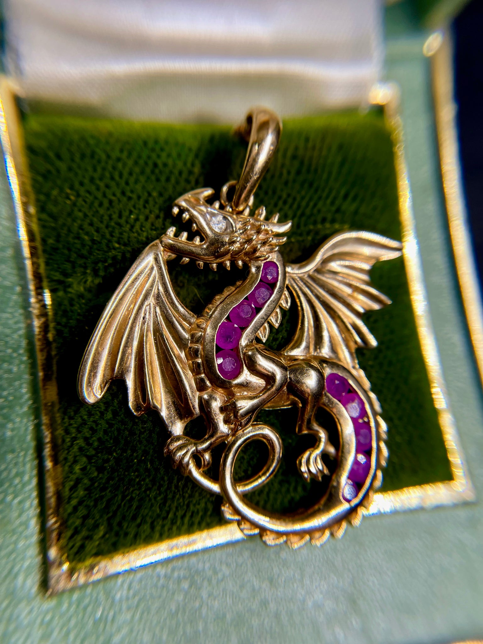 Magical 9ct Gold Ruby + Diamond Dragon Statement Pendant