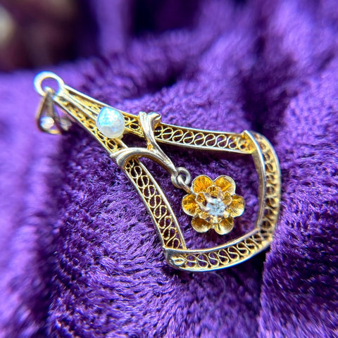 Darling Antique 10kt Gold Pearl + Diamond Floral Lavalier Pendant