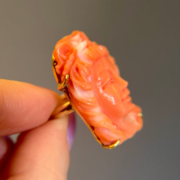 RARE Collectible 14kt Gold Carved Coral Goddess Ring