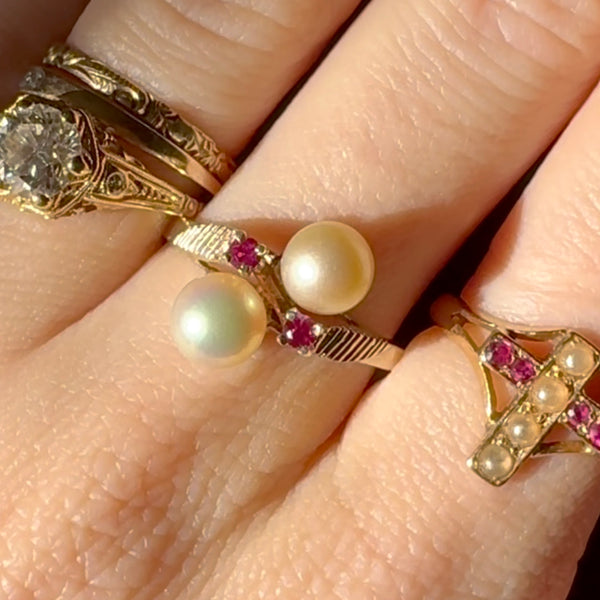 Vintage 10kt Gold Pearl Bypass Ring with Ruby Accents