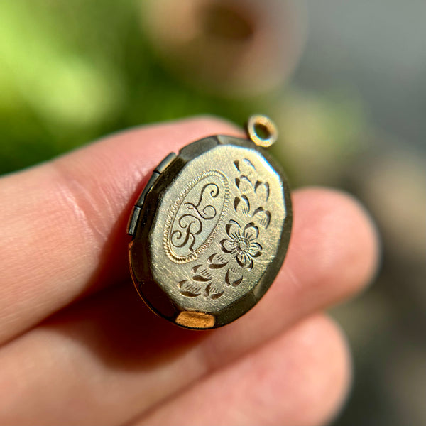 Antique Floral Etched Locket Engraved ‘LR’