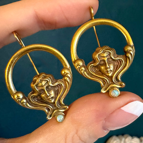 14kt Gold Art Nouveau Opal Goddess Earrings