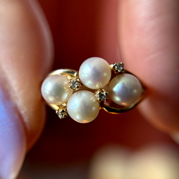 Vintage 10kt Gold Pearl + Diamond Ring