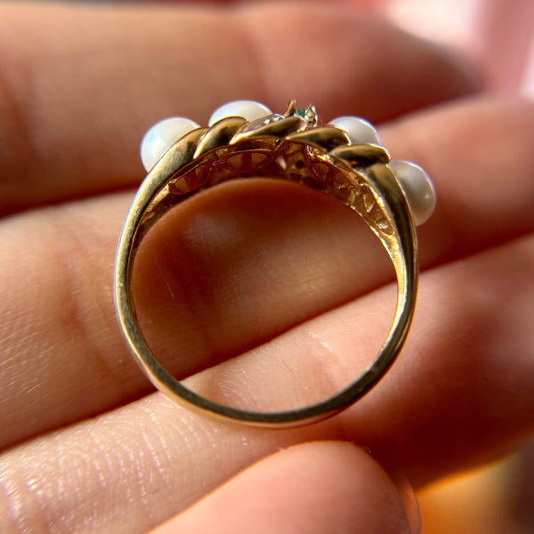 Estate Find 14kt Gold Pearl, Emerald + Diamond Ring