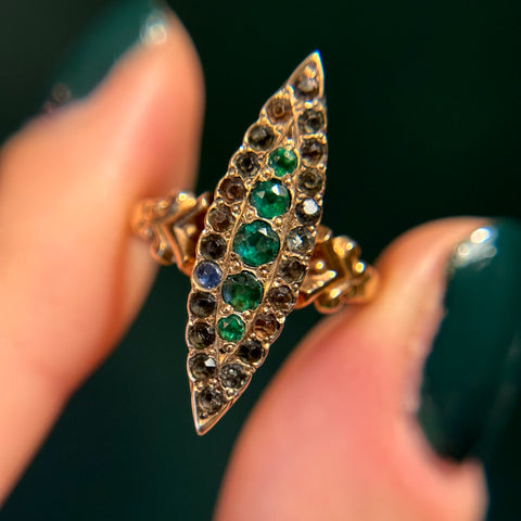Antique 10kt Rosey Gold Glass Gem Navette Ring